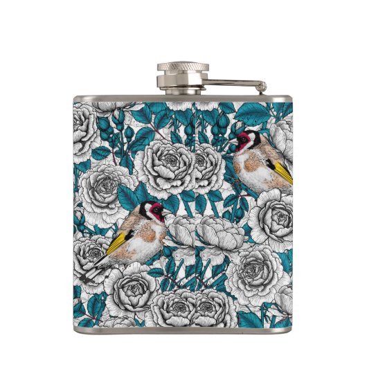 Flasques Fleurs de roses blanches et oiseaux d'or (Dos)