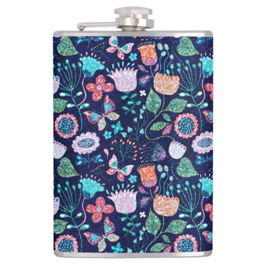 Flasques Fleurs étincelantes exotiques et papillons motif (Devant)