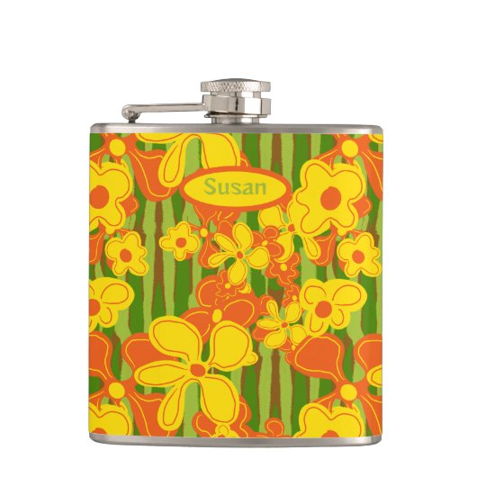 Flasques Fleurs jaunes oranges rétro des années 1970 (Devant)