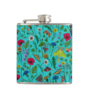 Flasques Fleurs sauvages et papillons de nuit sur turquoise
