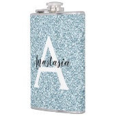 Flasques Glam Bleu Argent Paillettes Monogramme Nom (Gauche)