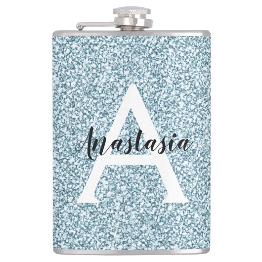 Flasques Glam Bleu Argent Paillettes Monogramme Nom (Devant)