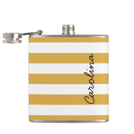 Flasques Gold White Stripes Motif Black Custom Name (Ouvert)