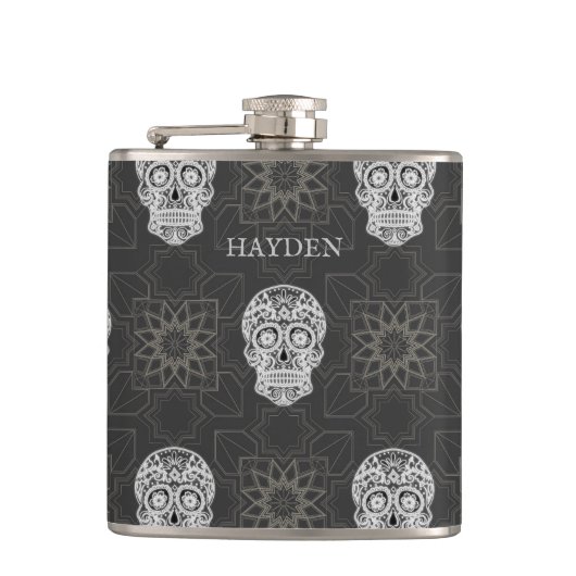 Flasques Gothic Sugar Skull and Grey Geometric Personalised (Devant)