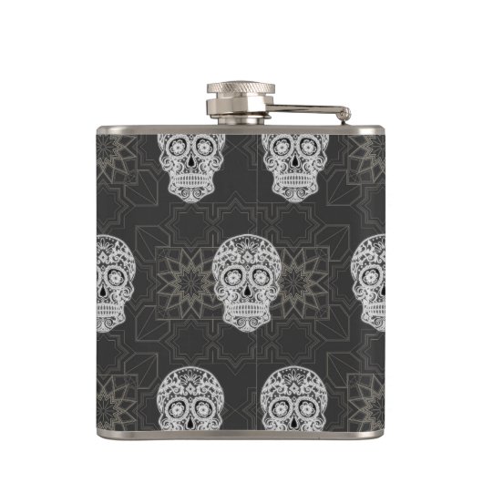 Flasques Gothic Sugar Skull and Grey Geometric Personalised (Dos)