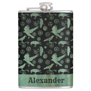 Flasques Grand Steampunk Verdigris engrenages et corbeaux s