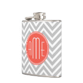 Flasques Gris Chevron et Monogramme Personnalisé Corail (Gauche)
