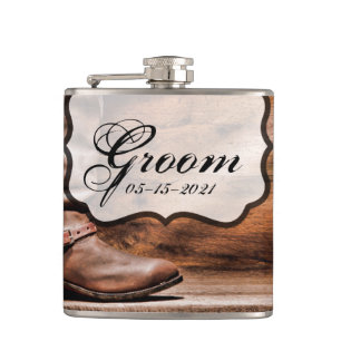 Flasques Groom Whiskey Flask Cowboy Bottes Grange Bois Russ