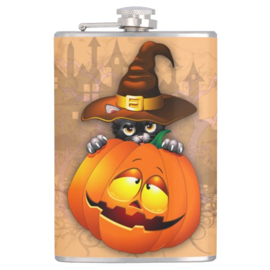 Flasques Halloween Cute Kitty Witch et ami Citrouille (Devant)