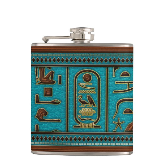 Flasques Hiéroglyphes égyptiens en cuir doré sur turquoise (Devant)