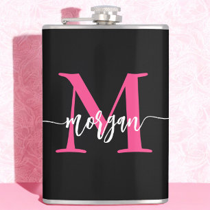 Flasques Hot rose noir Monogramme Fille de Bachelorette Par