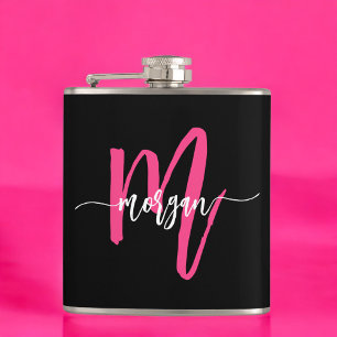 Flasques Hot rose noir Monogramme Fille de Bachelorette Par