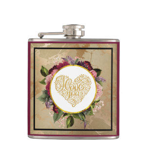 Flasques I Love You Fancy Golden Heart with Floral Frame