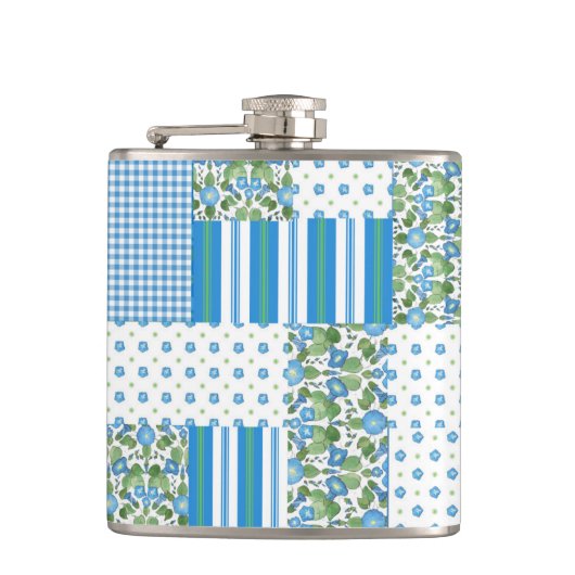 Flasques Joli Blue Morning Glory Faux Patchwork Hip Flask (Devant)