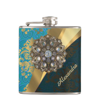 Flasques Joli modèle personnalisé girly aqua damask modèle