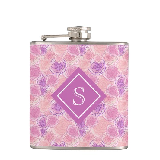 Flasques Joli Retro violet Rose Floral Monogramme (Devant)