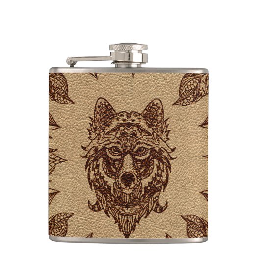 Flasques Loup tribal et effet de relief par cuir de plumes (Devant)