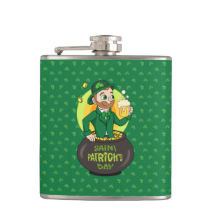 Flasques Lutin de dessin animé dans un pot d'or tenant un v