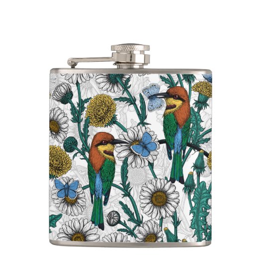 Flasques Mangeurs d'abeilles, papillons bleus et marguerite (Devant)