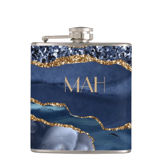 Flasques Marbre Agate Paillet Or Bleu Monogramme Glam Bling (Devant)