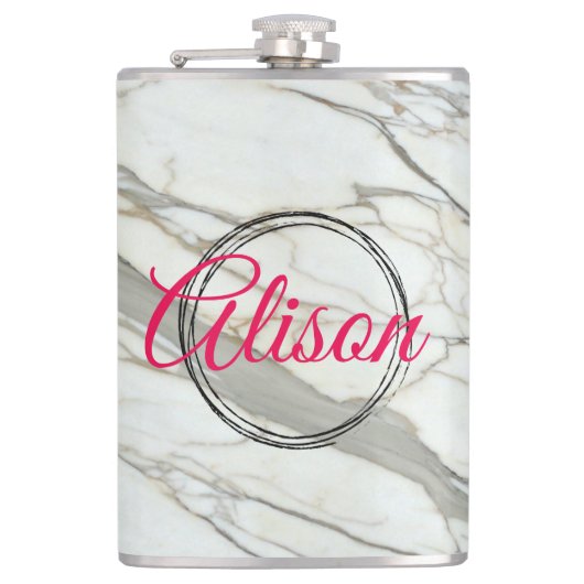 Flasques Marbre blanc chic fuchsia design nom personnalisé (Devant)