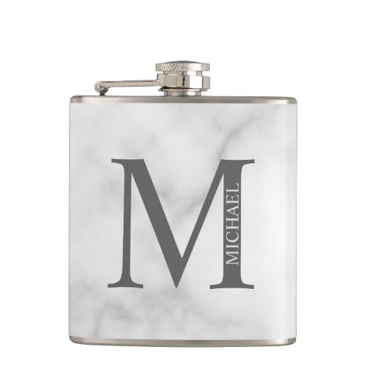Flasques Marbre blanc Monogramme personnalisé et nom (Devant)