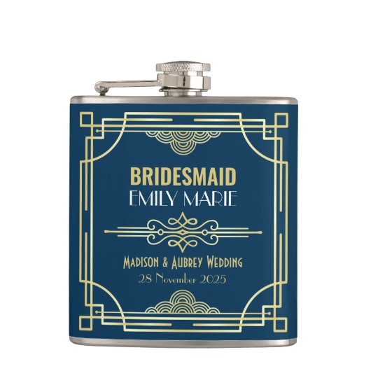 Flasques Mariage Art déco Bridesmaid Gold Blue Favor années (Devant)