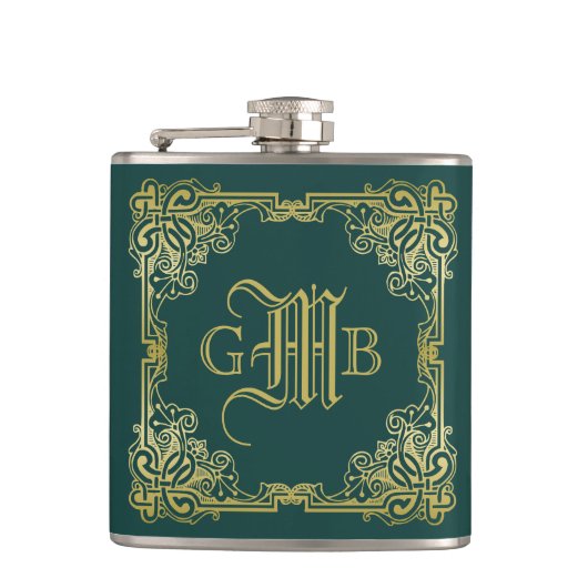 Flasques Mariage Monogramme Classic Gold Frame Dark Green (Devant)