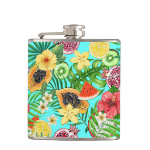 Flasques Mix-fruit tropical, fleurs et feuilles en bleu