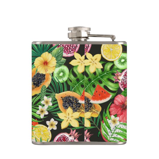 Flasques Mix-fruits tropicaux, fleurs et feuilles en noir (Dos)