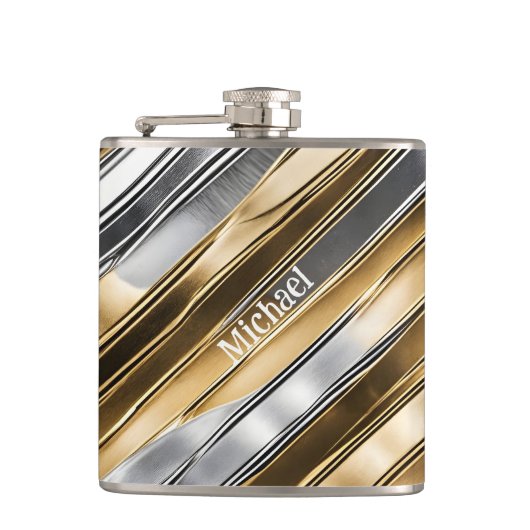 Flasques Moderne, cool, chic, motif rayé argent et or (Devant)