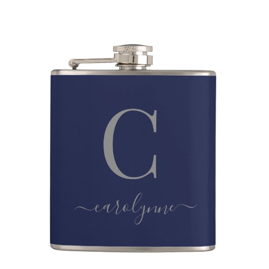 Flasques Moderne Elegant Marine Blue Silver Monogramme (Devant)