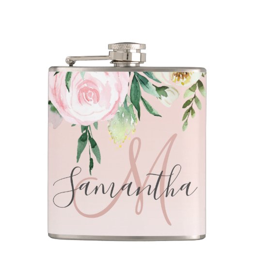 Flasques Moderne Pastel Rose & Fleurs Avec Nom (Devant)