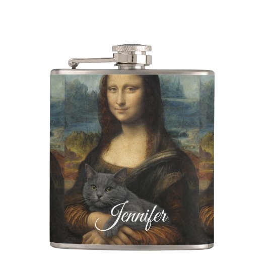 Flasques Mona Lisa tenant un chat gris élégant (Devant)
