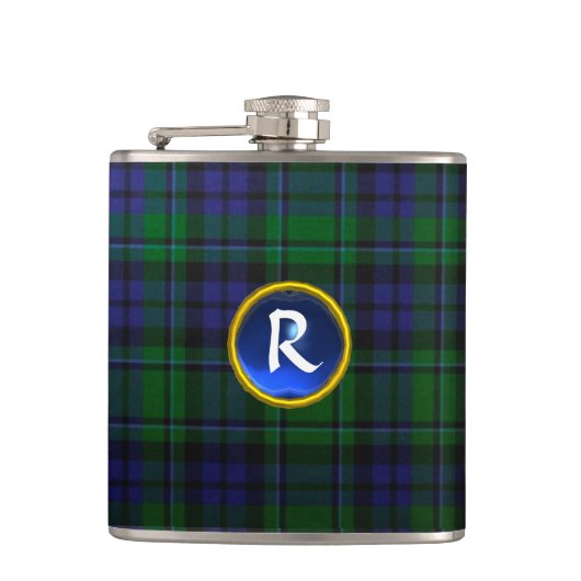 FLASQUES MONOGRAMME BLUE GREEN ÉCOSSE TARTAN SAPPHIRE GEM (Devant)