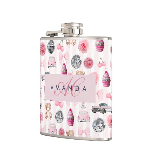 Flasques Monogramme Blush Rose Retro Disco Ball Coquette (Gauche)