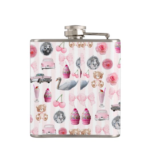 Flasques Monogramme Blush Rose Retro Disco Ball Coquette (Dos)