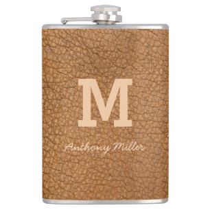 Flasques Monogramme Chic Cuir Brown Nom Script Moderne