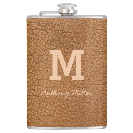 Flasques Monogramme Chic Cuir Brown Nom Script Moderne (Devant)