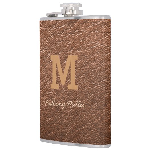 Flasques Monogramme Chic Cuir Brown Nom Script Moderne (Gauche)