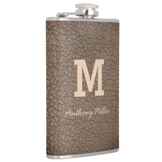 Flasques Monogramme Chic Cuir Brown Nom Script Moderne (Droite)