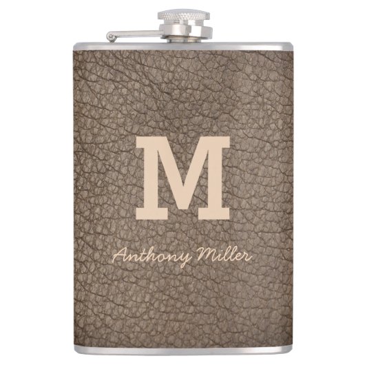Flasques Monogramme Chic Cuir Brown Nom Script Moderne (Devant)