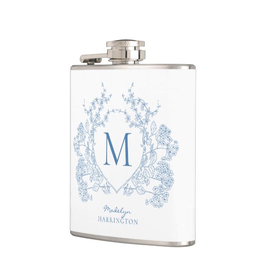 Flasques Monogramme de crête Florale Bleu Français Classiqu (Gauche)