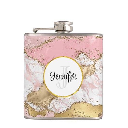 Flasques Monogramme de design Rose en marbre rose or (Devant)