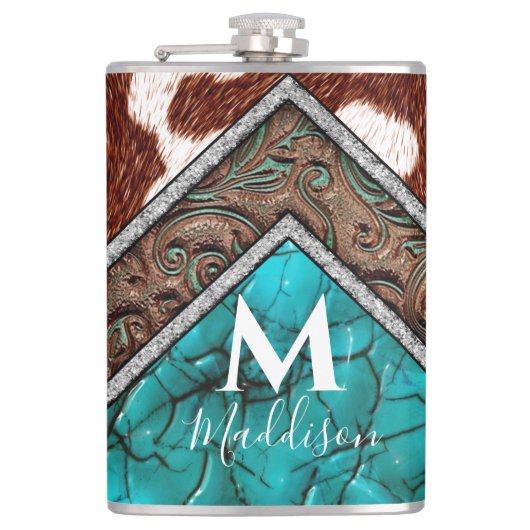 Flasques Monogramme de mélange Turquoise en cuir Faux Ouest (Devant)