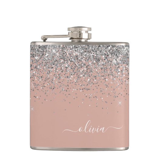 Flasques Monogramme de Parties scintillant en argent rose v (Devant)