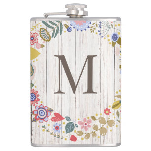 Flasques Monogramme en bois vieilli Fleurs blanches