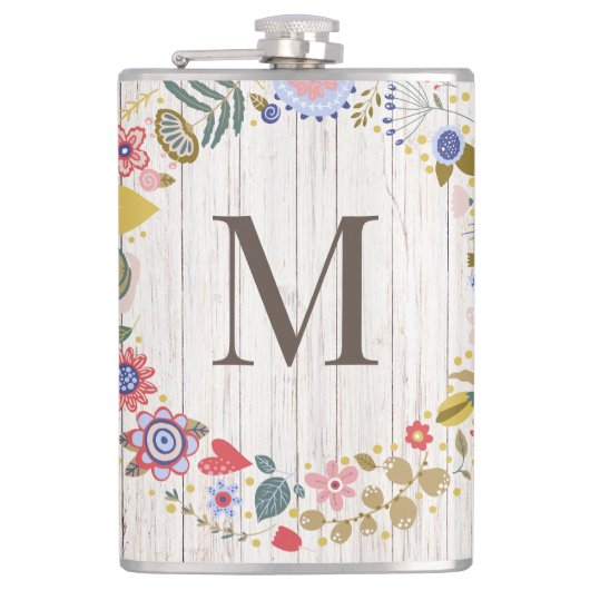 Flasques Monogramme en bois vieilli Fleurs blanches (Devant)