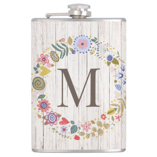 Flasques Monogramme en bois vieilli Fleurs blanches