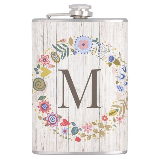Flasques Monogramme en bois vieilli Fleurs blanches (Devant)